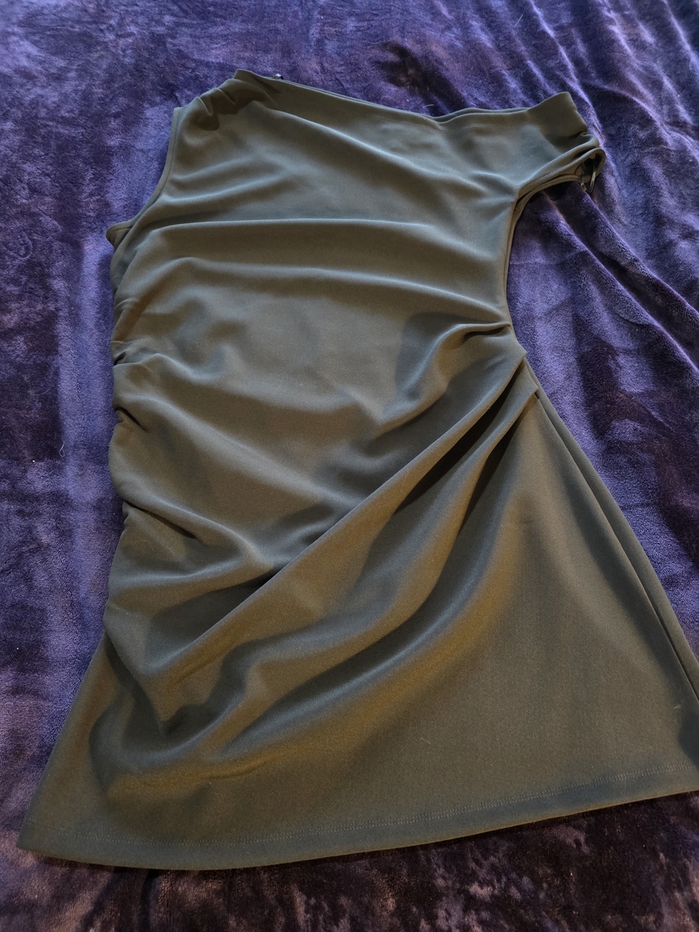 :
Open Edit Black Ruched Draped Midi Dress Size L Side Zip Stretch